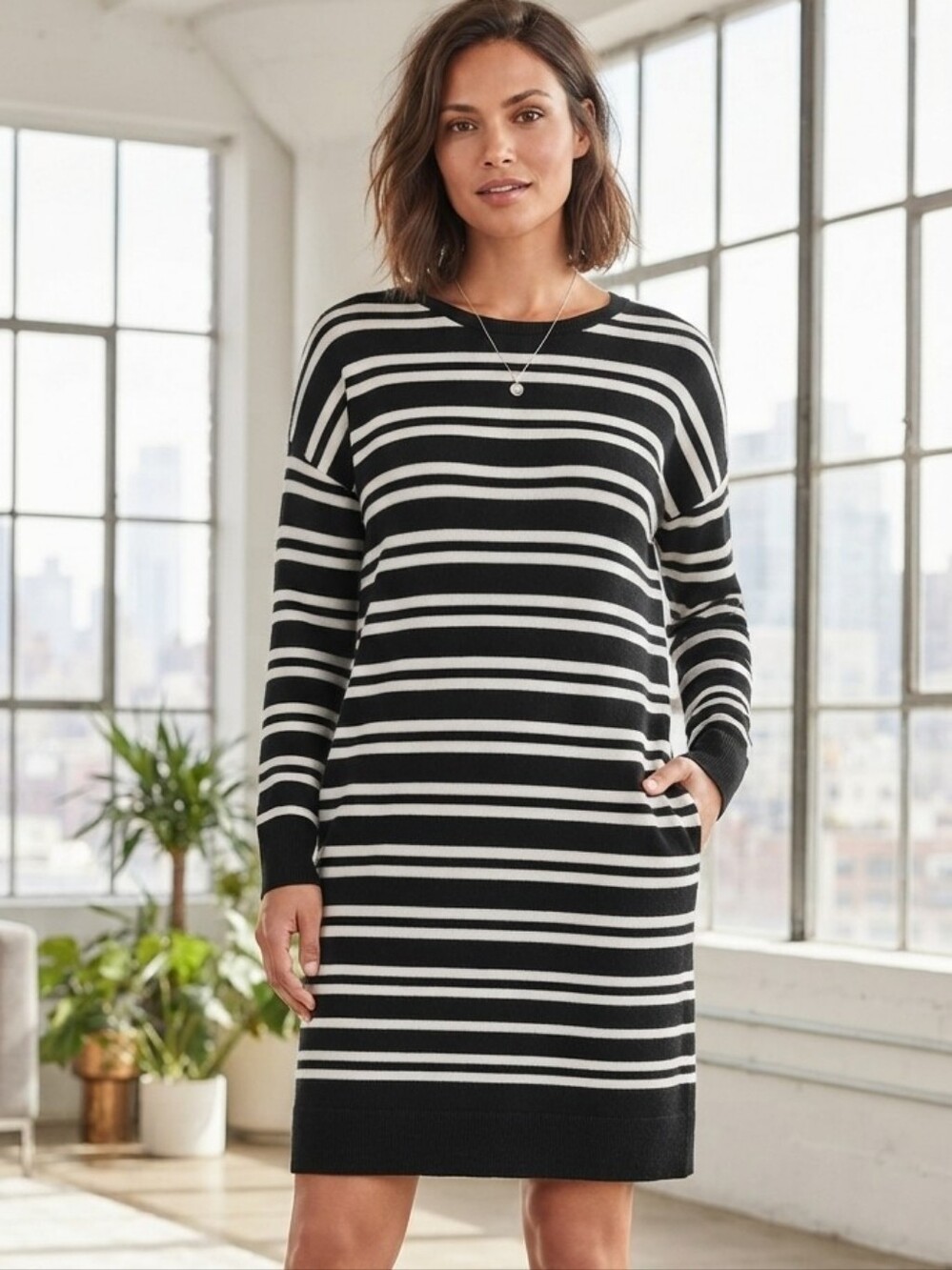 Talbots Black & White Stripe Pullover‎ Dress Size XL